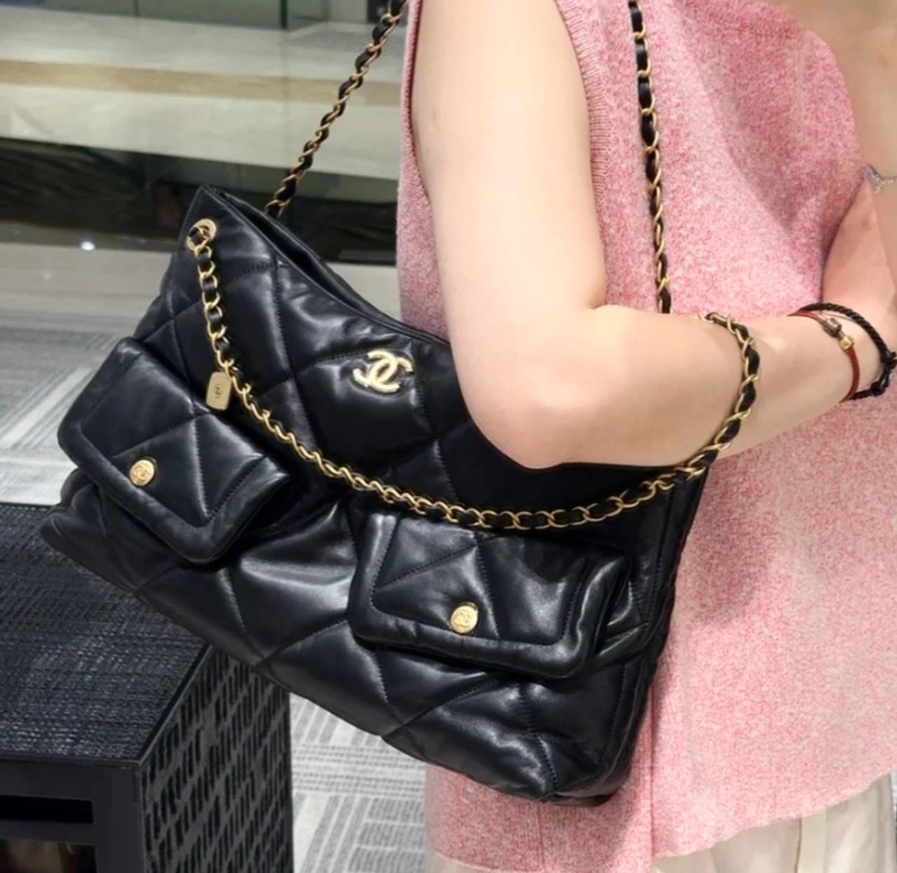 Quilted Chain Tote Bag with Mini Pouches