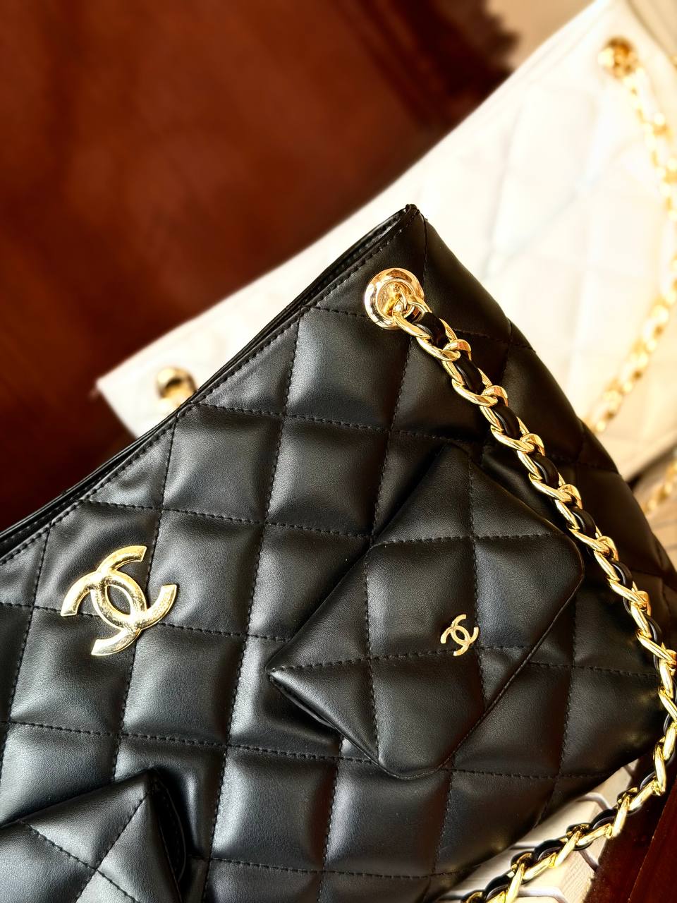 Quilted Chain Tote Bag with Mini Pouches