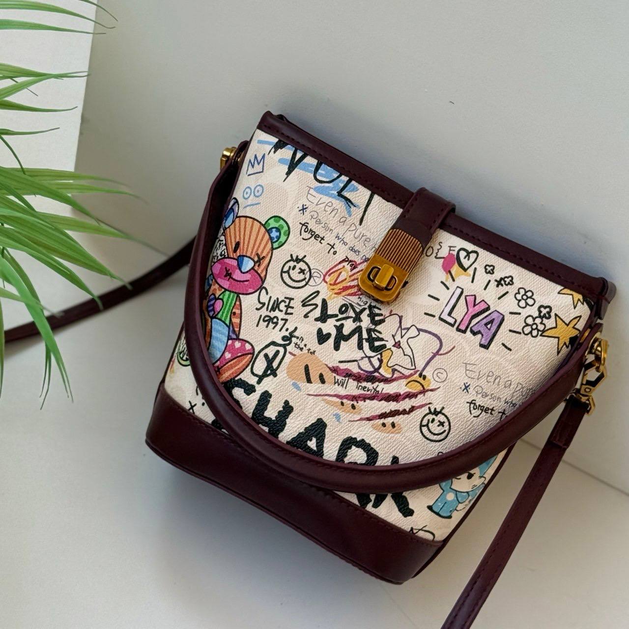Graffiti Print Crossbody Bucket Bag