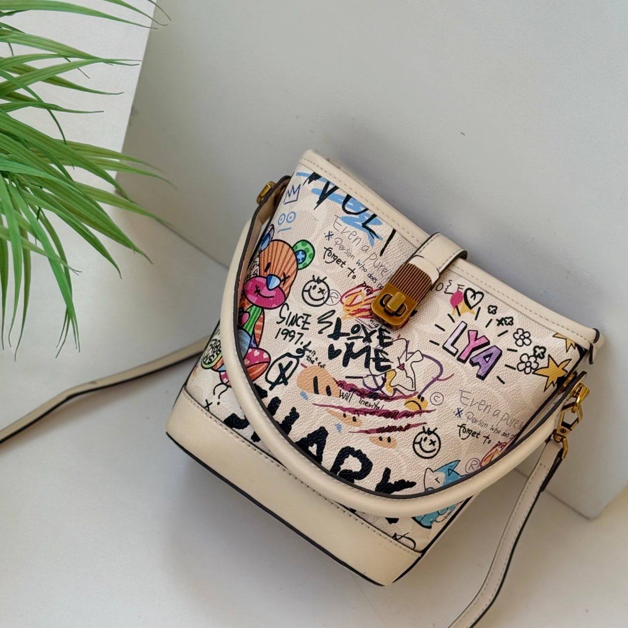 Graffiti Print Crossbody Bucket Bag