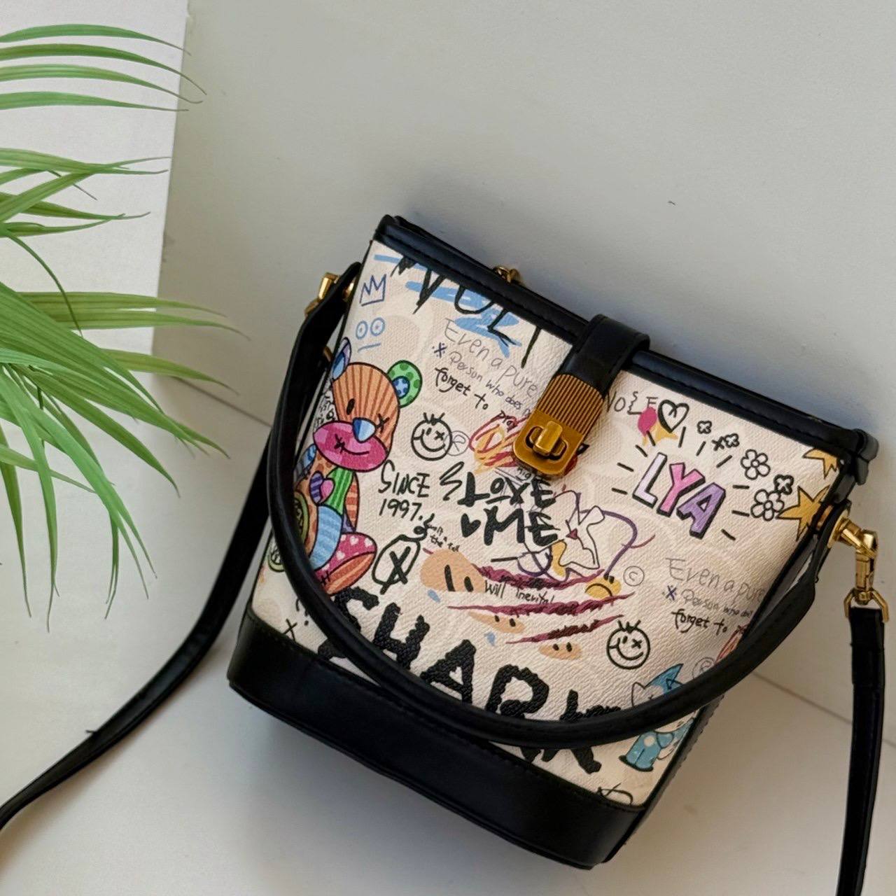 Graffiti Print Crossbody Bucket Bag
