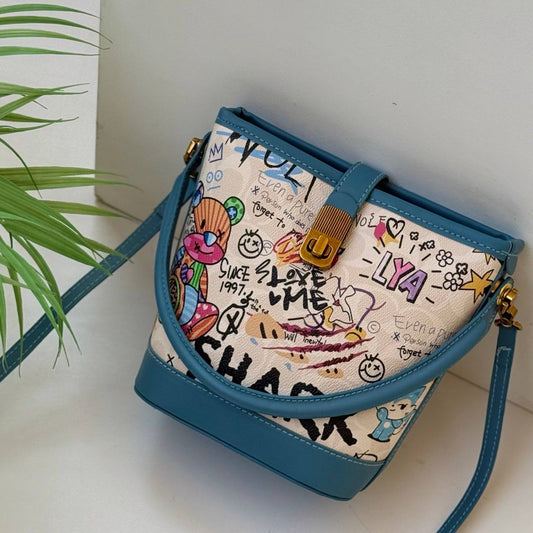 Graffiti Print Crossbody Bucket Bag