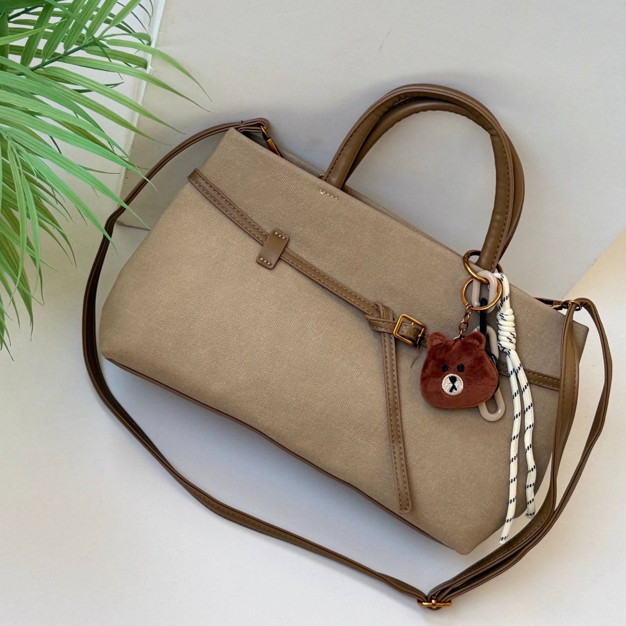 Classic Canvas Belt Satchel Bag with Teddy Accessory - Mirror
